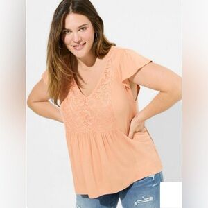 Torrid Sz 2 Super Soft V-Neck Ruffle Tee Women’s Plus 2X, 18/20 Lace Peach Bloom